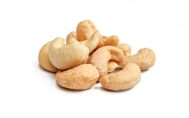 Pile of delicious brown Cashew nuts isolated on white background.