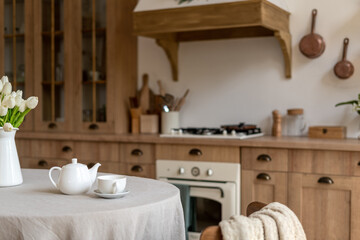 Obraz na płótnie Canvas Contemporary interior with kitchen in scandinavian style with modern furniture