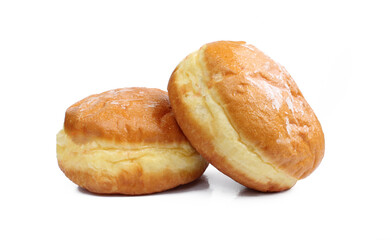 Tasty donuts isolated on white background. Doughnuts filled with jam and sugar on it