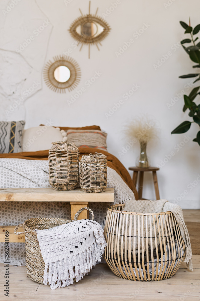 Wall mural Cozy apartment in boho chic style interior with comfort bedroom - Wall murals