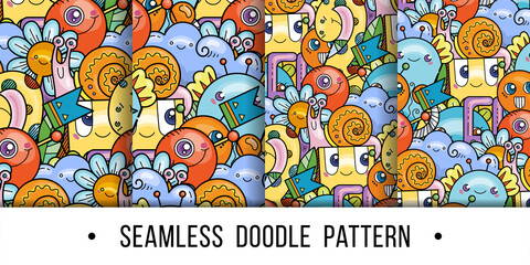 Set of kawaii seamless patterns doodle monsters,cute and fun variety of colors animals