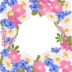 Fototapeta na wymiar Wildflowers with frame and place for your text. Template for cards, invitations, labels.
