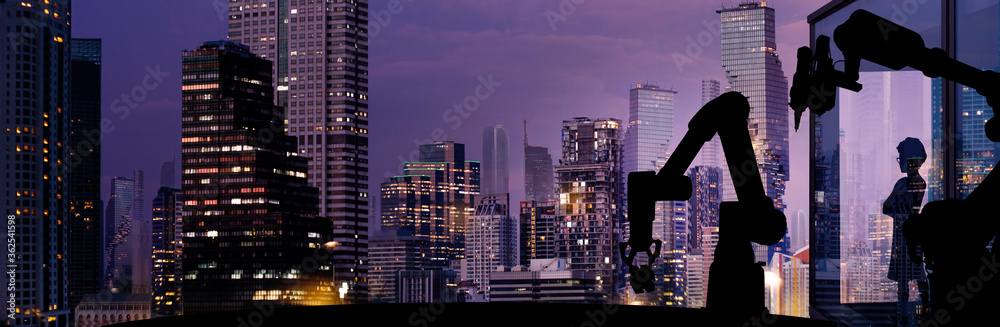 Poster Silhouette of modern automation robot arms with Ai assistant technology network concept and metropolis city building background.