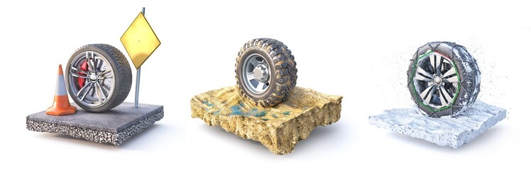 Different tires. Winter, summer and offroad wheels on the pieces of ground. 3d illustration