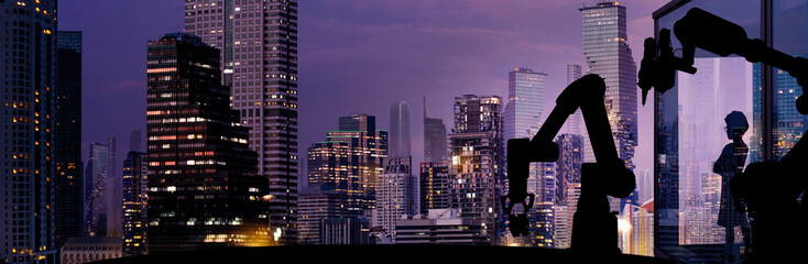Fototapeta na wymiar Silhouette of modern automation robot arms with Ai assistant technology network concept and metropolis city building background.