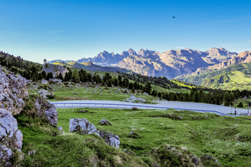 Fototapeta na wymiar Panorama of the Alpes at Canazei in Dolomites, Trentino Alto Adige. Italy