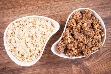 Oat flakes and granola with chocolate containing iron and fiber, healthy snack concept