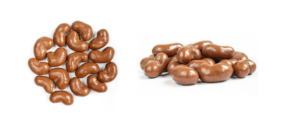 Peanut flips covered with milk chocolate and isolated on white background. Group of Delicious sweets shot from two angles