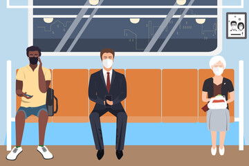 Fototapeta na wymiar People wearing protective medical masks sitting in subway. COVID-19 virus prevention, people social distancing for infection risk. Vector illustration