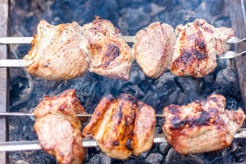 Cooking a barbecue on the fire. Traditional Caucasian kebab on a skewer, cooking meat on skewers. Shish kebab roasting on the grill.