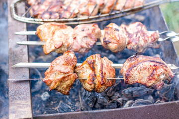 Cooking a barbecue on the fire. Traditional Caucasian kebab on a skewer, cooking meat on skewers. Shish kebab roasting on the grill.