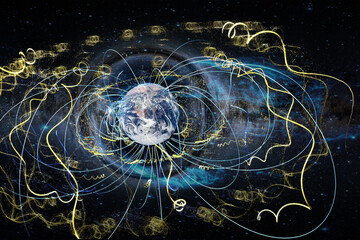 Earth in space enmeshed network line of astrology data flow. Abstract esoteric concept information fields.  Elements of this image furnished by NASA.