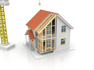 House 3d rendering illustration with open interior on top. Blueprints, documents, crane and mortgage calculations.