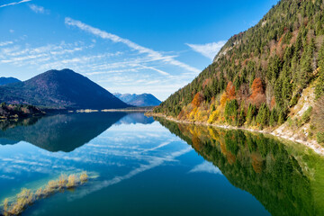 Sylvenstein reservoir lake in autumn, Bad Toelz, Bavaria, Germany, Europe