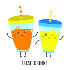 Set of cute drinks characters in trendy kawaii style