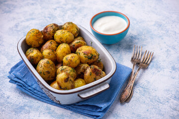 Roasted baby potatoes with garlic and herbs. 