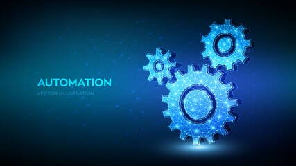 Gears. Mechanical technology machine engineering symbol. Abstract wireframe low polygonal 3D gears. RPA. Industry development, engine work, business solution concept. Vector illustration.