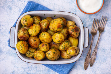 Roasted baby potatoes with garlic and herbs. 
