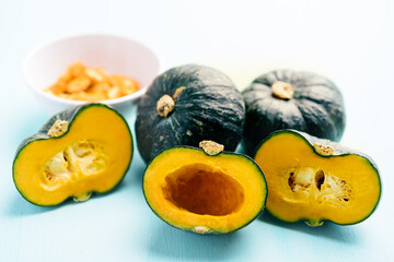 Green Japanese pumpkin preparing for cooking, Organic vegetable	