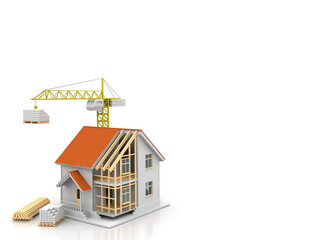 House 3d rendering illustration with open interior on top. Blueprints, documents, crane and mortgage calculations.