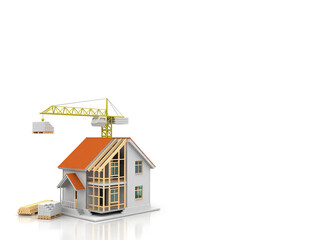 House 3d rendering illustration with open interior on top. Blueprints, documents, crane and mortgage calculations.