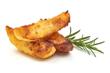 American Crispy Deep fried Potato Wedges in a bowl with herbs, isolated on a white background. Close-up