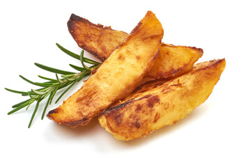Fried Potato wedges with herbs. Fast food, isolated on a white background. Close-up