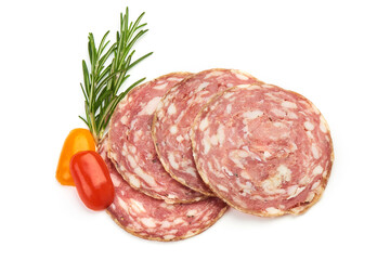 Sliced Salami with herbs, isolated on a white background. Top view