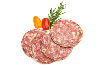 Thin Hungarian Salami Slices with herbs, isolated on a white background. Top view