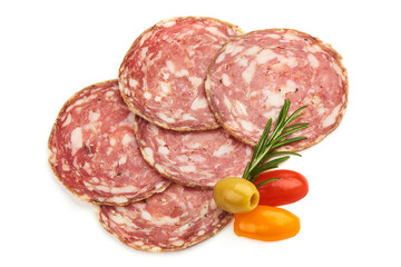 Sliced Salami with herbs, isolated on a white background. Top view