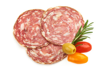 Salami Traditional Smoked slices with herbs, isolated on a white background. Top view