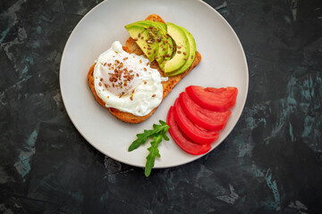 Toast with poached egg, flax seeds,avocado and tomato slices, arugula leaves on a plate. Healthy meal for breakfast.