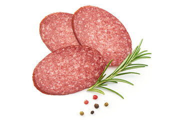 Fresh Salami Slices with rosemary and peppercorns, top view, isolated on a white background