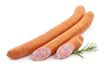 Traditional Smoked Sausage with rosemary, close-up, isolated on a white background