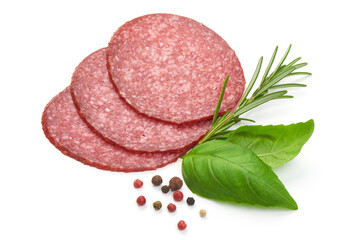 Tasty Salami Sausage, close up, isolated on a white background