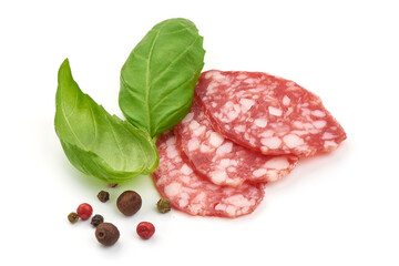 Jerked Sausage slices, close-up, isolated on white background