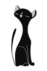 Oriental cat. Humorous greeting card, composition for t-shirt design, hand-drawn printing style. Vector illustration isolated on a white background. The black cat is sitting with its nose up.