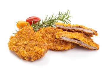 Breaded Schnitzel chop, close-up, isolated on white background