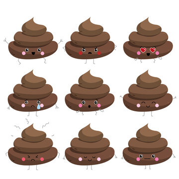 Poop illustration set - Cute kawaii poo - Humorous character elements turd