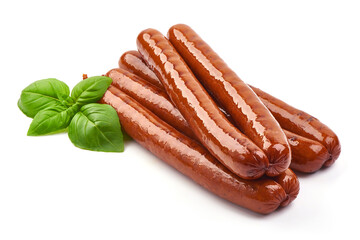 Grilled bratwurst Pork Sausages with basil leaves, close-up, isolated on white background
