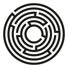 Black circle vector maze isolated on white background. Black round labyrinth with one entrance and target. Vector maze icon. Labyrinth symbol. Circle puzzle with one solution