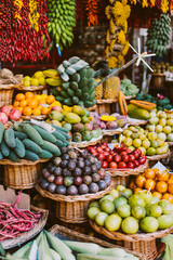 Funchal - Madeira, 20.09.2019. Farmers market with fresh products. A counter with fruits and vegetables.
 - obrazy, fototapety, plakaty