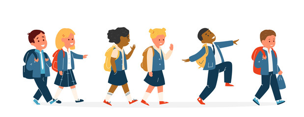 Group Of Smiling Kids Different Race In School Uniform With Backpacks Walking. Primary School Pupils. Flat Vector Illustration.