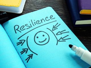 Handwritten word resilience in the blue notebook. - obrazy, fototapety, plakaty