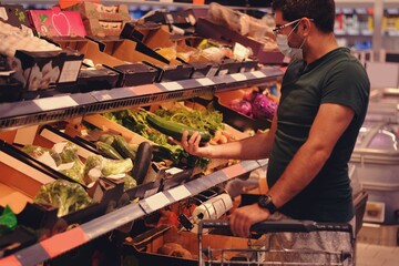 safe trip to store. a man who wear mask at shopping