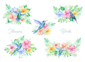 Fototapeta na wymiar Watercolor bouqet with tropical flowers, leaves and hummingbird. Hawaiian exotic illustrations for greeting card, wedding, wallpaper