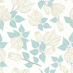 Vector Pastel Floral in Gold White with Green Leaves Scattered on White Background Seamless Repeat Pattern. Background for textiles, cards, manufacturing, wallpapers, print, gift wrap and scrapbooking