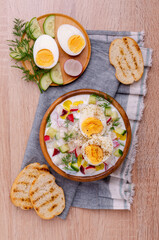 Cold soup with raw vegetables and eggs