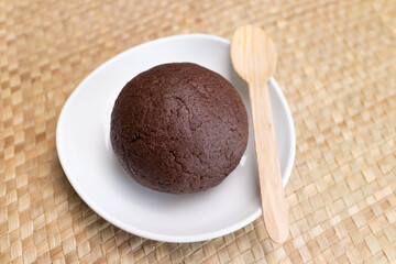 Ragi Mudde, Ragi sangati or finger millet balls healthy snack in Karnataka, India. Top view of traditional south Indian food