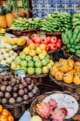 Funchal, Portugal - 20,09.2019. Counter with a variety of exotic fruits. Farmers market